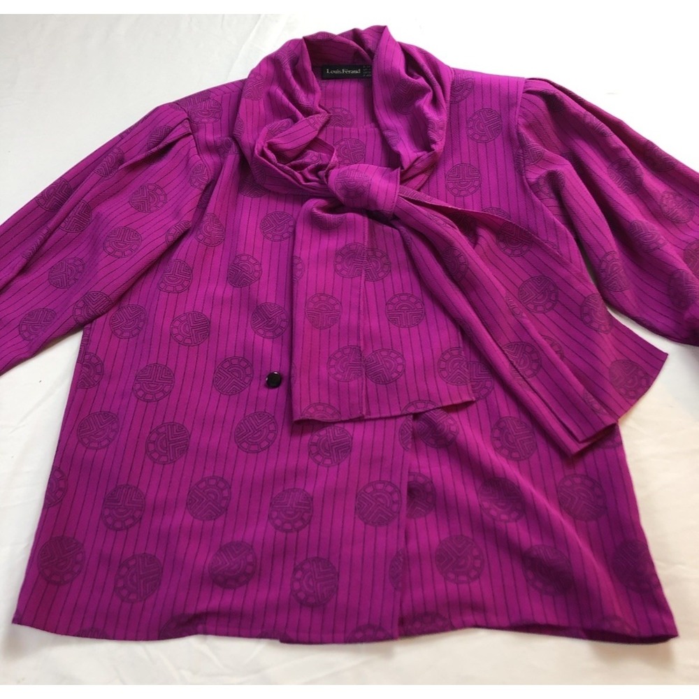 Vintage Louis Feraud Paris Fuchsia Tie Neck Blouse Geometric Print Size 8